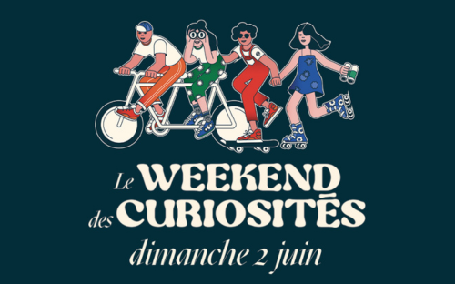 Weekend des curiosités logo avec des bonhommes à vélos et en rollers